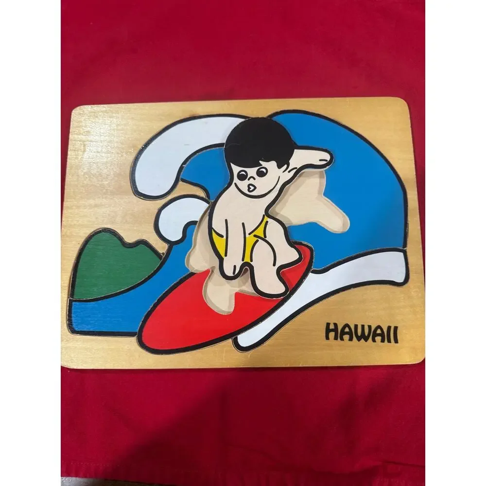 Vintage Hawaii Wooden Tray Puzzle Surfer Boy 9.5